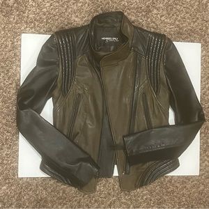 Members Only Two Tone Leather Jacket ASO Lydia Martin Teen Wolf XS Olive & Black